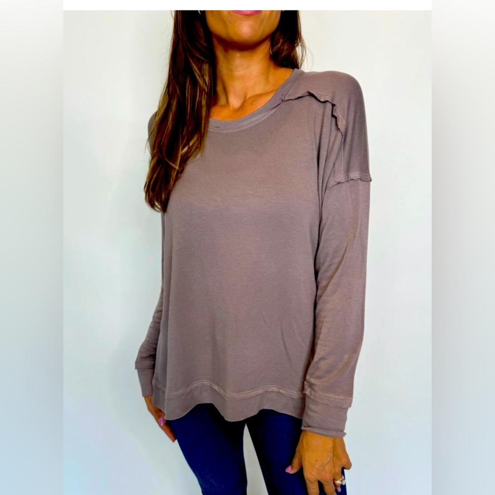 Tresics Oversized Putty Exposed Seams Hi Low Sheer Long Sleeved Tunic Tee M
